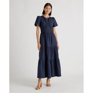 Quince 100% Organic Cotton Poplin Tiered Maxi Dress, Navy, NWT